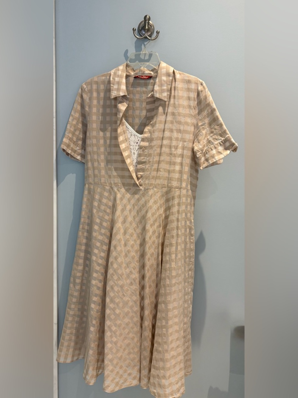 Max Mara Light Beige Checkered Short Sleeve Dress with Lace Slip